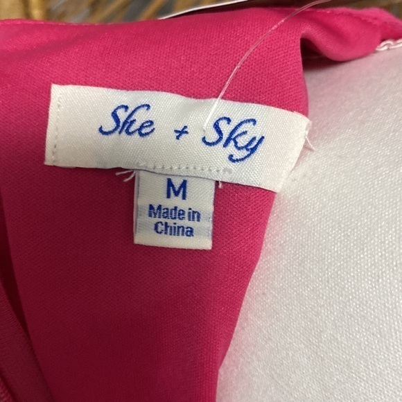 She + Sky‎ Women’s Medium Hot Pink Flare Ruffle V-Neck Mini Dress Barbie - Picture 12 of 16